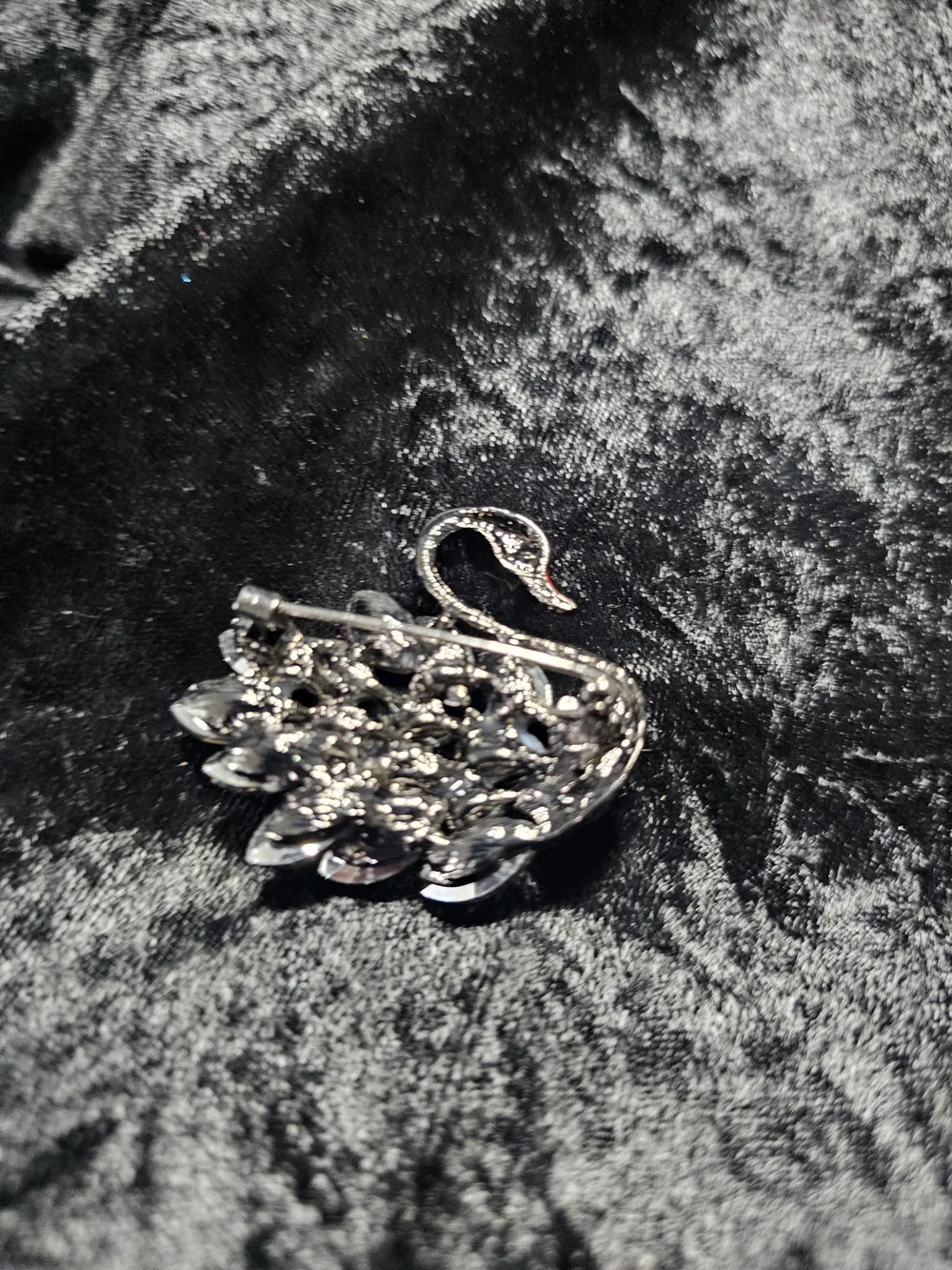 Crystal Swan Brooch Pin - Clear and Black Accent